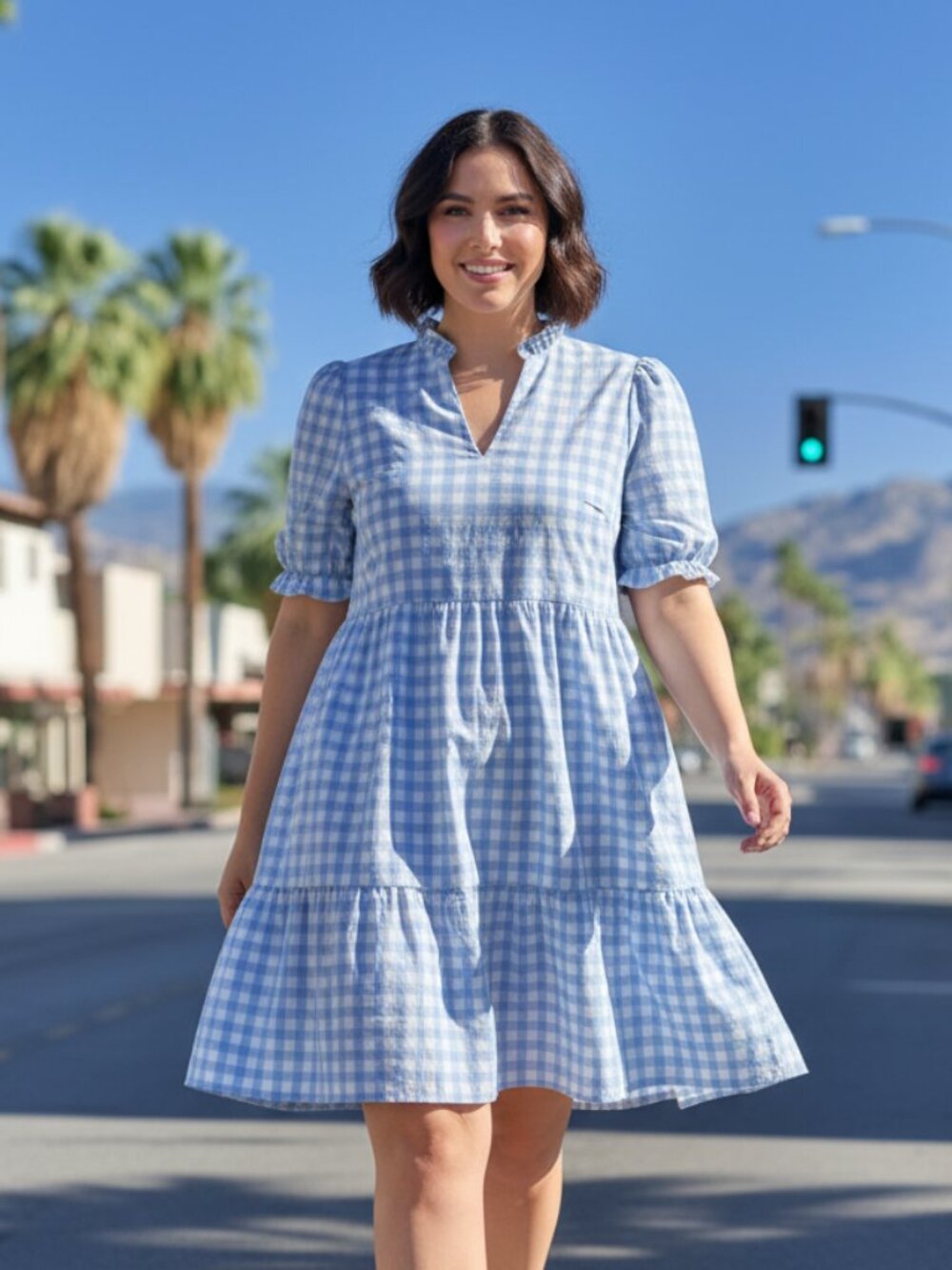 CeCe XL Blue Gingham Peasant Dress Ruffle Tiered A-Line Mini